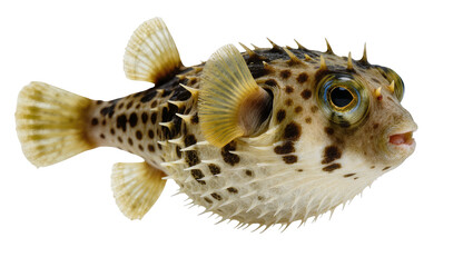 Spiky pufferfish with brown spots and yellow fins © Hannah