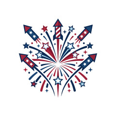 Fototapeta premium Abstract Colorful Patriotic Stars Vector Background with Flag Inspired Red Geometric Shapes Arrow Elements and Decorative Symbol Pattern for July Celebration Design