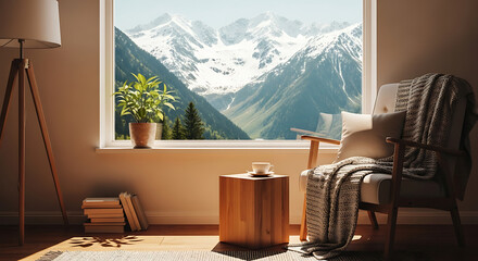 Fototapeta premium Cozy living room interior with a scenic mountain view through a large window