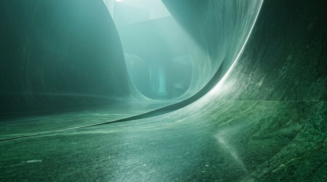 Cinematic Futuristic Corridor with Curved Concrete Walls, Teal Volumetric Lighting and Atmospheric Fog