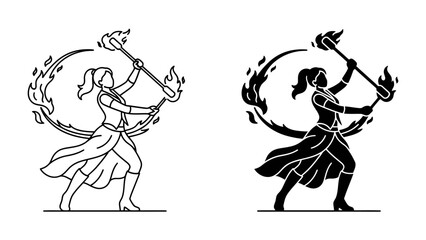Obraz premium Fire Dancer Emblem: A stylized graphic design depicts a woman performing with fire, holding a flaming staff and creating a fiery circle. The artwork is presented in both line art and silhouette forms.