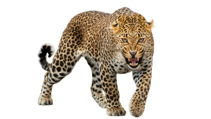 Leopard snarling with mouth open, showing teeth and tongue © Luca