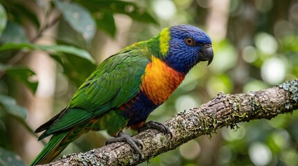 Obraz premium Vibrant Rainbow Lorikeet Perched on Mossy Branch