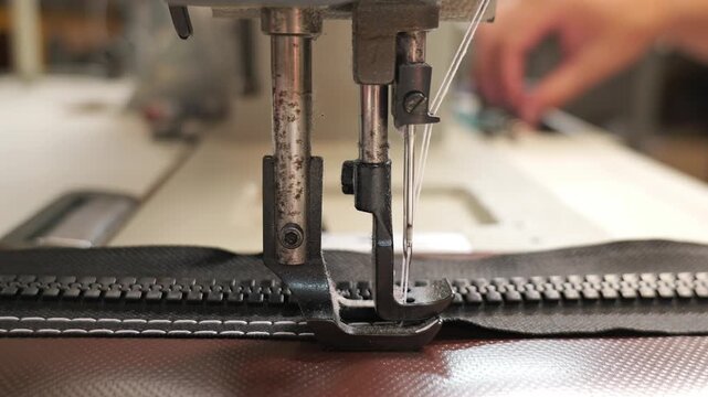 Industrial sewing machine stitching black zipper close up