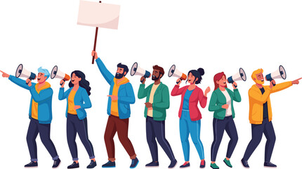 Obraz premium Protest illustration, group demonstration, people with megaphones, activism artwork, social movement, collective action, advocacy concept, public voice, community engagement