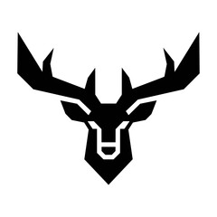 Minimalist elk head icon with symmetrical antlers featuring bold clean lines in a black silhouette flat geometry style for a modern wildlife nature concept