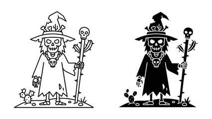 Spooky Sorcerer: A skeleton sorcerer, adorned with a witch's hat and holding a staff with a skull, stands in a desert landscape amidst cacti. © Mst