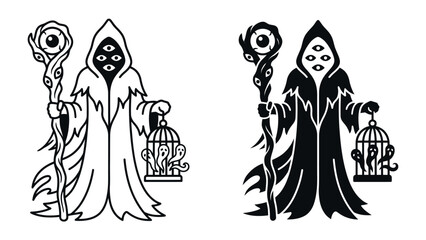 Mystical Entity with Staff and Cage: A stylized, cloaked figure with multiple eyes and a staff topped with an eye stands beside a cage containing a creature, presented in both outline and silhouette. © Md