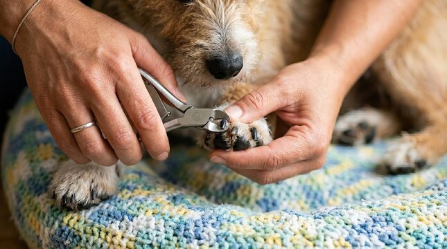 Person trimming dog's nails with metal clippers