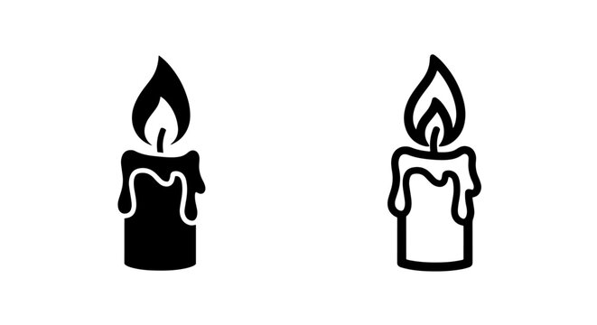Black and white burning candle silhouette icon set with isolated