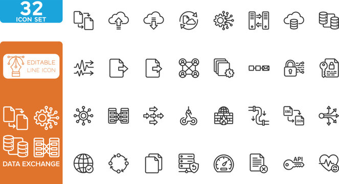Data Exchange line editable Icons set. vector illustration. 32 line icons set data transfer cloud computing security and network connectivity. on transparent background.