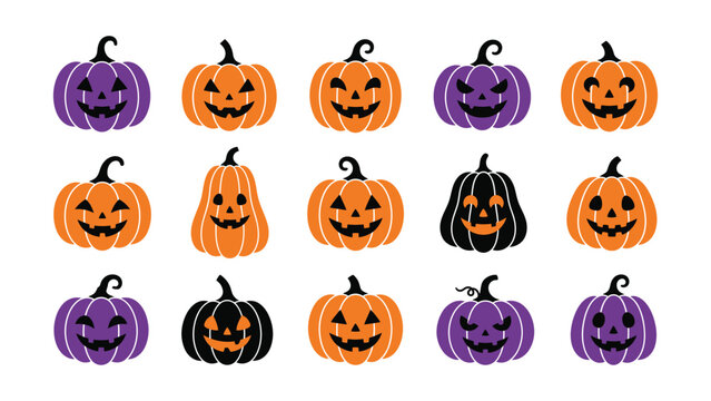 A collection of fifteen unique carved Halloween pumpkins displayed in rows against a white background
