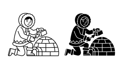 Inuit Boy Building Igloo: A stylized illustration depicts an Inuit boy in traditional fur-lined clothing building an igloo with blocks, showcasing cultural heritage and arctic survival skills. © Murshida
