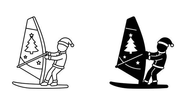 Christmas Windsurfer: A charming graphic design featuring a windsurfer adorned with a Santa hat and a Christmas tree motif on the sail, symbolizing a festive holiday by the water.