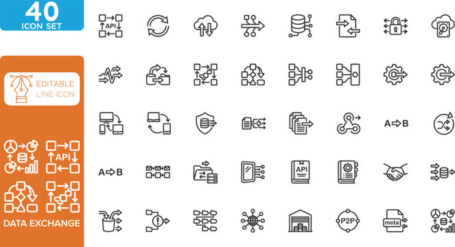 Data Exchange line editable Icons set. vector illustration. 32 line icons set data transfer cloud computing security and network connectivity. on transparent background.