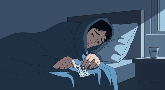 Patient Taking Medication in Bed Feeling Ill at Night in Cartoon Illustration Format