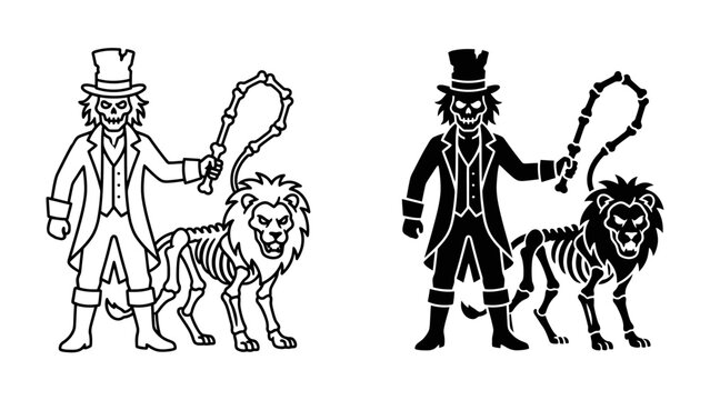 Circus Master with Skeleton Lion: A gothic illustration depicting a mysterious circus master in a top hat and formal attire, holding a whip, standing beside a fearsome skeleton lion.