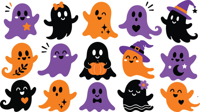 Collection of halloween ghost silhouettes in orange and purple flat vector illustration apparition eerie