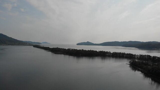 Drone aerial view of Amanohashidate sandbar, one of Japan's three most scenic views, Kyoto, Japan