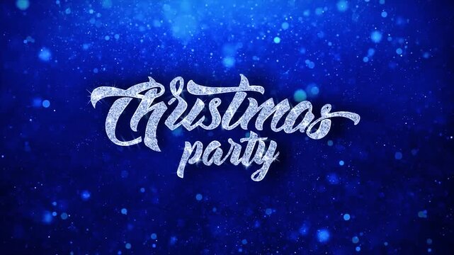 Elegant blue Christmas party typography sign with sparkling glitter texture and falling snow particles on a deep blue background for holiday event promotion video loop.