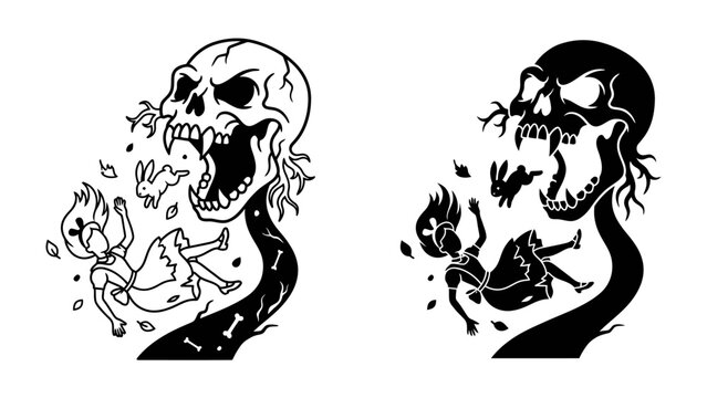 Skull Devouring Girl with Rabbits: A macabre illustration depicts a giant skull with sharp fangs devouring a falling girl and rabbits, symbolizing fear and the unknown.