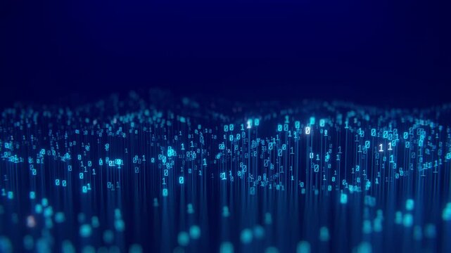 An abstract visualization of digital data flow, showcasing bright binary code (zeros and ones) arranged in a dynamic, wavy pattern against a deep blue background. This image represents modern