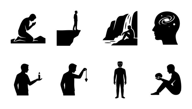 Abstract Human Silhouette Icons: Contemplation, Spirituality, and Existentialism, Set of 8 Vector Graphics