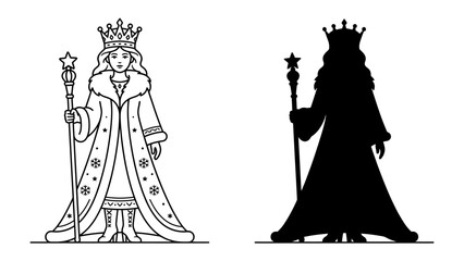 Queen Portrait and Silhouette: A regal queen adorned with a crown, fur-lined robe, and holding a scepter, depicted in both line art and a striking silhouette, embodying royalty and power. © Nirob