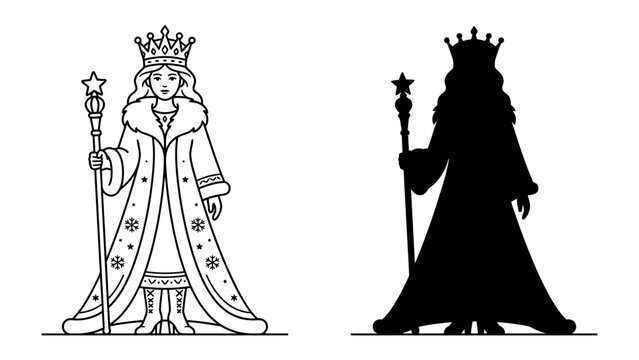 Queen Portrait and Silhouette: A regal queen adorned with a crown, fur-lined robe, and holding a scepter, depicted in both line art and a striking silhouette, embodying royalty and power.