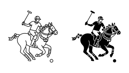 Polo player illustration: A graphic illustration depicts a polo player on horseback, wielding a mallet to strike a ball, showcasing the sport's dynamic action. © Md