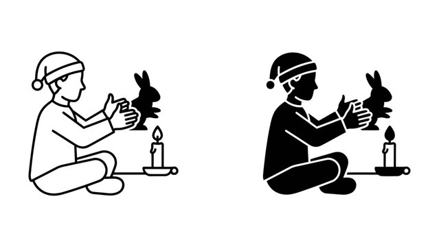 Candlelit Silhouette: A child in a nightcap sits cross-legged, holding a rabbit silhouette next to a flickering candle, creating a shadow play in the soft light.