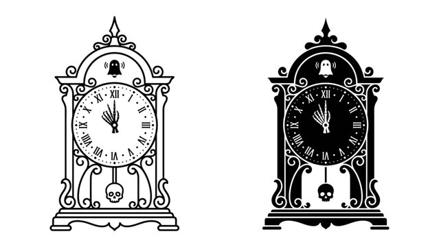 Haunted Clock Tower Illustration: A pair of ornate, vintage grandfather clocks, rendered in black and white and silhouette, feature Roman numerals, a pendulum with a skull.