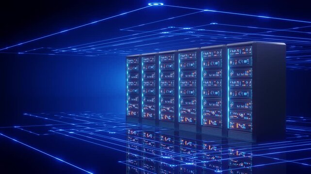 Modern server racks glow in a futuristic data center, surrounded by vibrant blue network lines. This high-tech digital infrastructure symbolizes cloud computing, AI, big data, and secure global