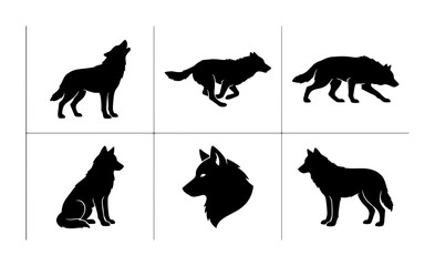 Obraz premium Wolf Silhouettes Vector Pack: Howling, Running, Standing Canine Icons for Wildlife and Nature Designs