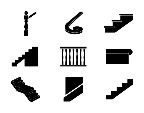 Architectural Stair Elements, Balusters, and Railings Vector Icons Set: Classic Design for Interior and Exterior Building Concepts
