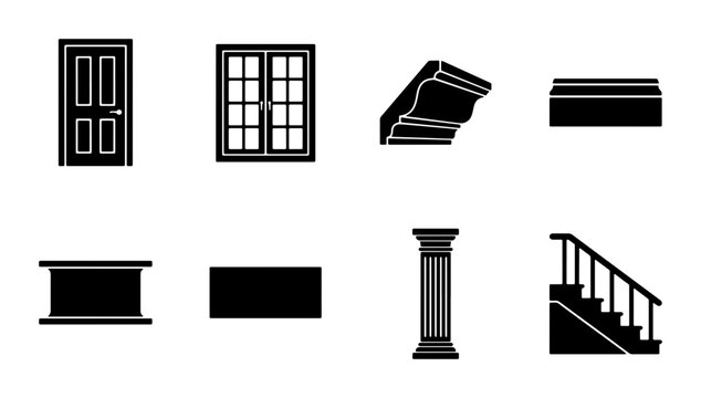 Architectural Elements Vector Icons: Doors, Windows, Cornices, Columns, Stairs, and Moldings for Interior Design and Construction