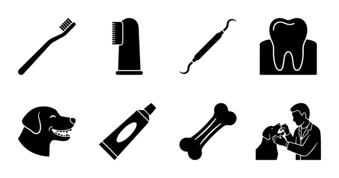 Dog Dental Care Icons Set, Veterinary Hygiene Symbols, Canine Oral Health Equipment, Pet Grooming Vector Graphics