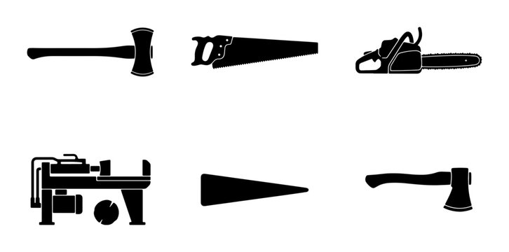 Woodworking Tools Collection: Axe, Saw, Chainsaw, Log Splitter, Mallet, Vector Icons for Construction and DIY Projects