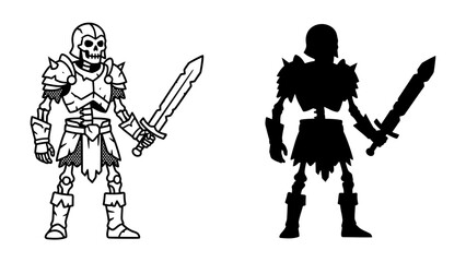 Fototapeta premium Skeleton Warrior Illustration: A skeletal warrior in battle armor, wielding a sword, presented in both an outline and a silhouette style, evoking a sense of fantasy and combat.