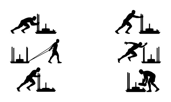 Fitness Training Sled Push and Pull Vector Icons, Athletic Workout Silhouette Set, Strength Exercise Equipment Graphics