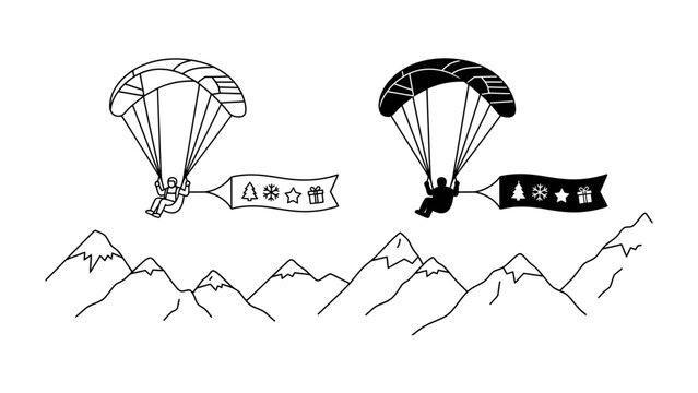 Parachutist Christmas Banner Over Mountains: Two parachutists descend over a stylized mountain range, each holding a banner adorned with festive Christmas symbols, a whimsical winter scene.