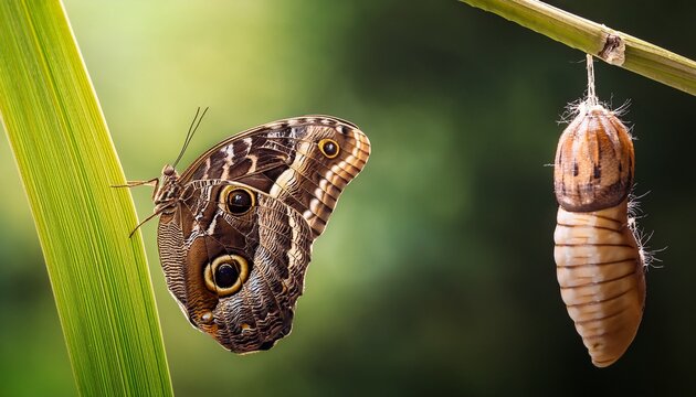 butterfly with brown wings and eye spots resting on green stem near chrysalis
