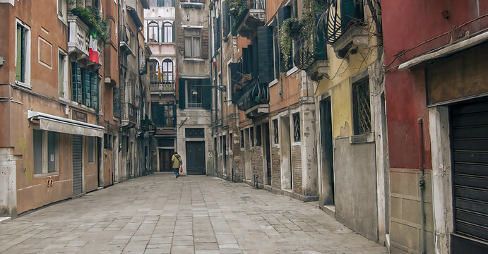 A dead-end alleyway in Venice, doorways, windows, wrought iron, old stone construction