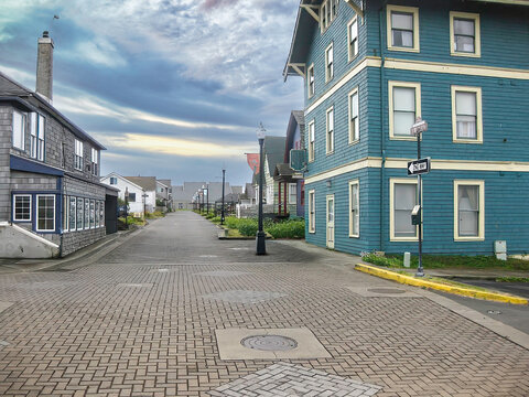 A deserted street with paving stones, stone and clapboard houses in western Oregon, nobody