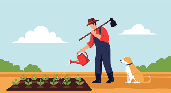 Dedicated farmer in a straw hat uses a red watering can to nourish his vegetable crops while his loyal dog sits patiently in the field.