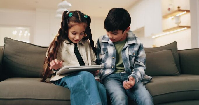Children, siblings and tablet in house to play game, learning and bonding together on weekend. Kids, tech and relax on sofa for educational gaming, puzzle app and click for online development