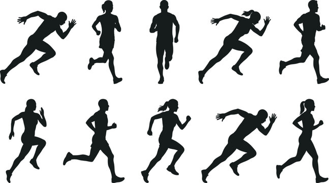 Running Athlete Silhouette Collection Dynamic Male and Female Runner Sprint Action Pose Illustration Set Isolated on White Background