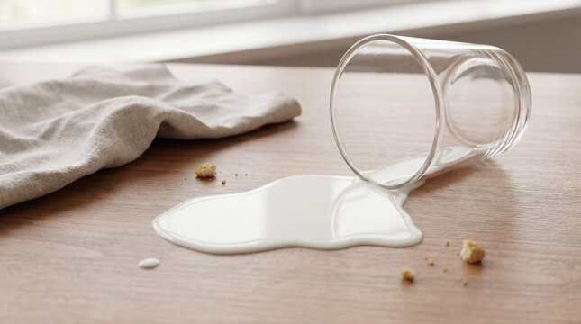 Spilled milk from an overturned glass on a wooden table with crumbs, creating a messy incident at home