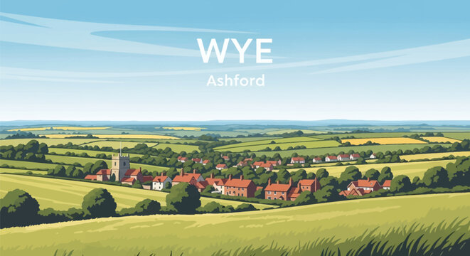 Vector illustration of the village of Wye near Ashford, Kent, featuring rolling green hills, traditional houses with red roofs, a stone church tower, and expansive rural farmland.