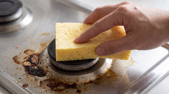 Hand using a yellow sponge for cleaning a dirty gas stove, removing grease and food residue from kitchen cooktop